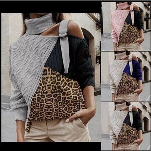 NWOT Leopard Print Buckle Turtleneck Sweater Womens Multi Color Cutout Pullover